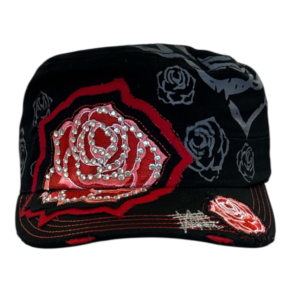 Black Rhinestone Rose Distressed Y2K Adjustable Cap